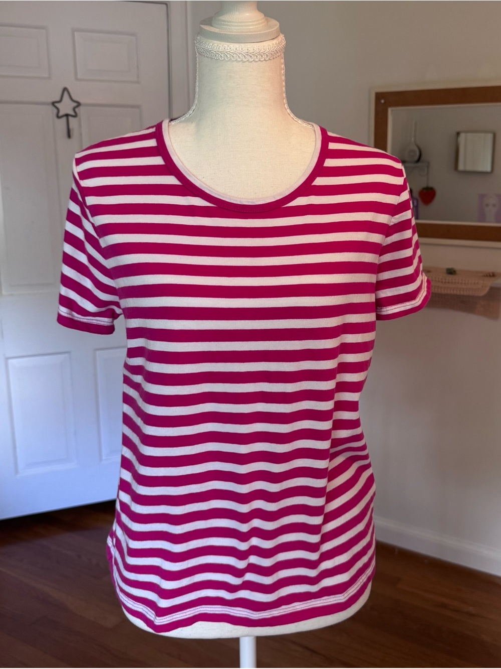J.Crew Vintage Cotton Jersey Classic-Fit Striped T-Shirt Bright Pink & White SM